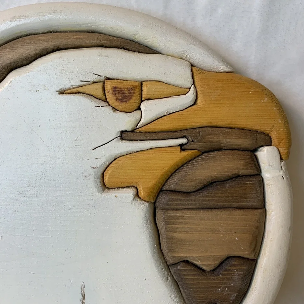 American Bald Eagle Wood Inlay Wall Decor MCM Art Piece Round‎  Handmade Stained